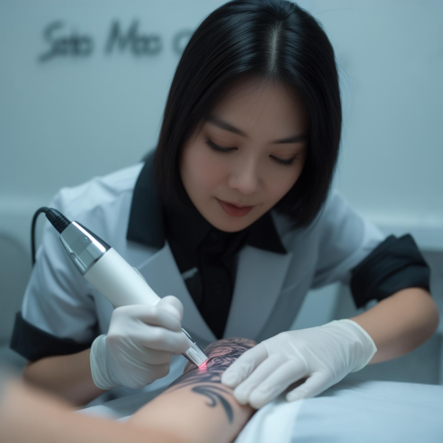 亞洲人女性,在幫人洗紋身的圖片